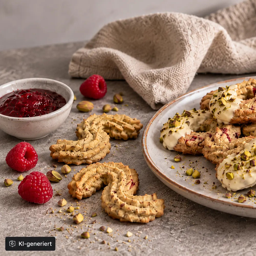 Himbeerspritzgebäck mit weißer Schokolade und Pistazien