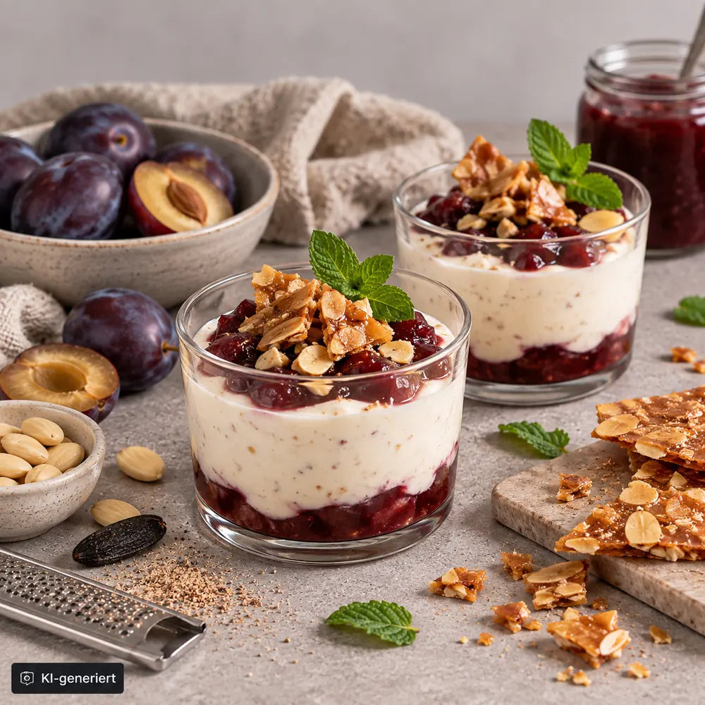 Joghurtcreme mit Gewürz-Zwetschgen und Mandelkrokant