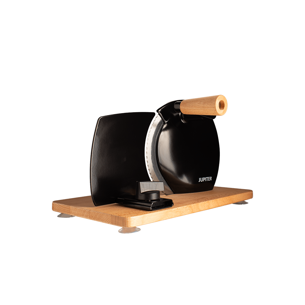 Hand-Allesschneider in schwarz mit Holzplatte