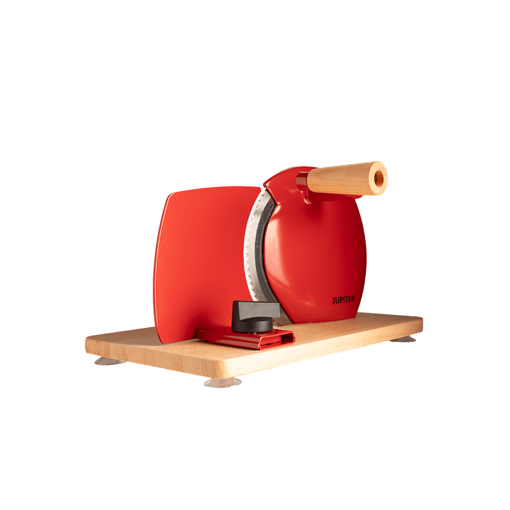 Hand-Allesschneider mit Vollholzplatte, rotes Gehäuse und Holzgriff, Marke Jupiter