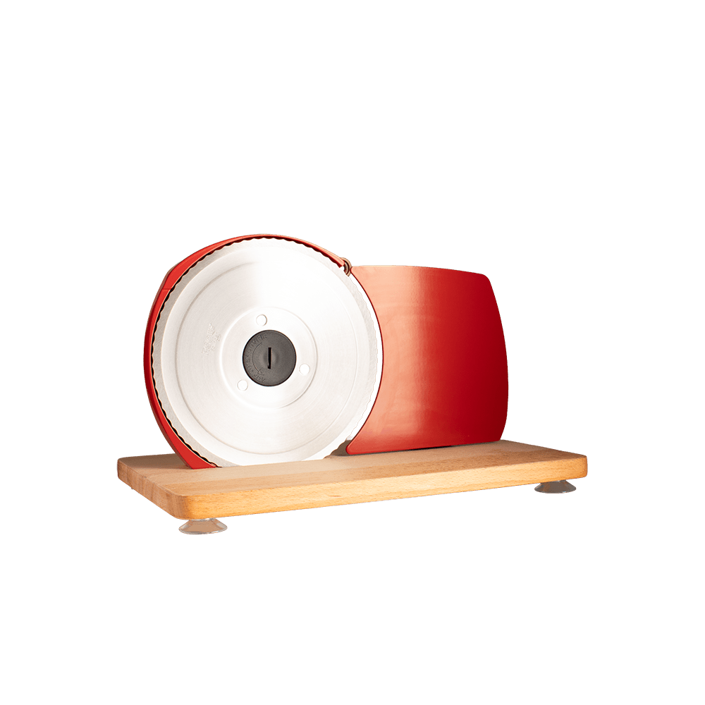 Jupiter Retro-Allesschneider in Rot mit Vollholzplatte und sichtbarer Klinge