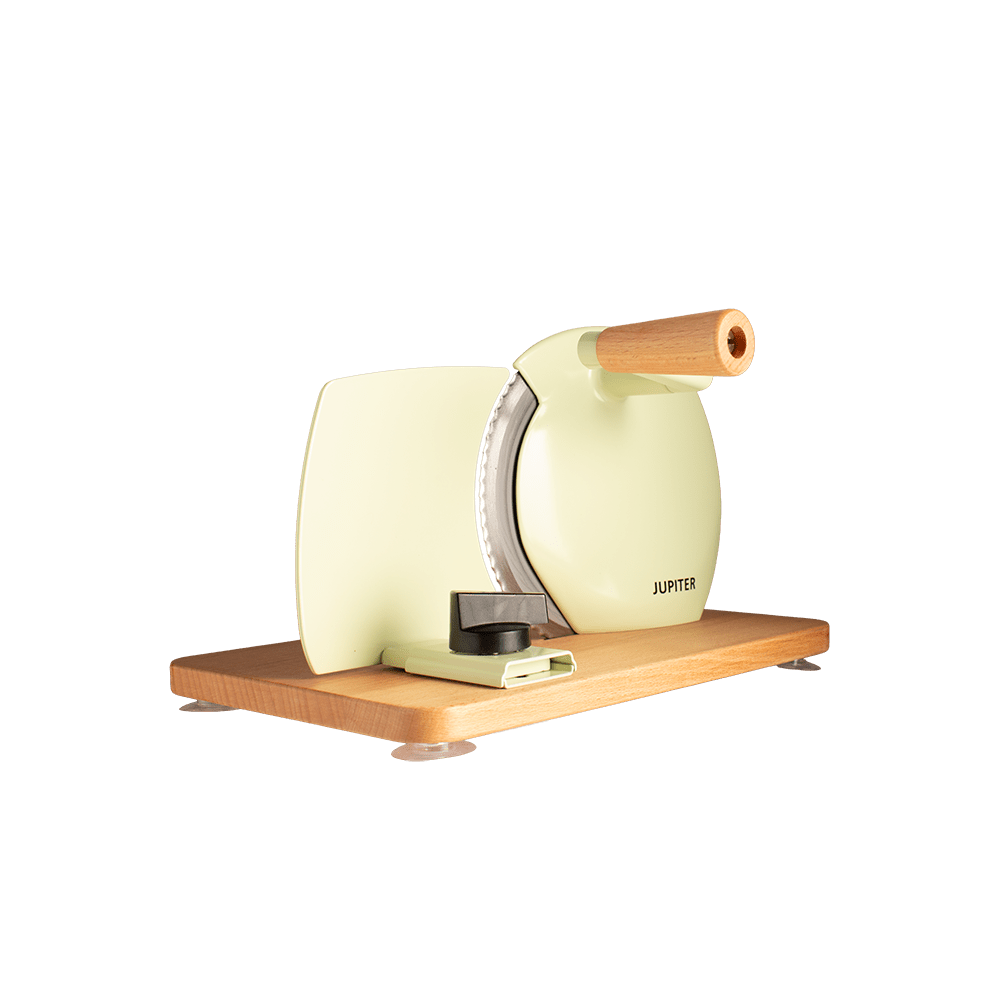 Jupiter Retro-Allesschneider in beige mit Vollholzplatte