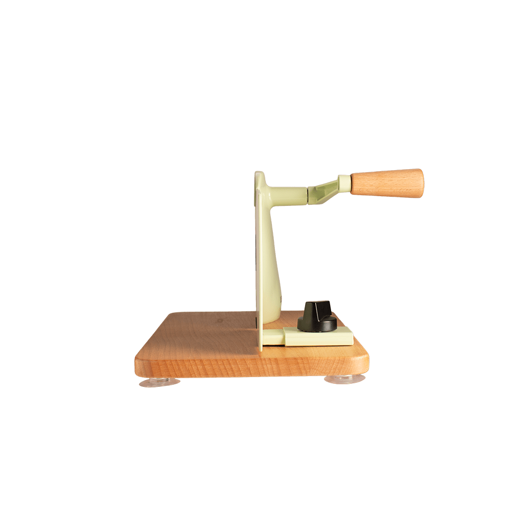 Retro-Hand-Allesschneider in hellgrün und Vollholzplatte