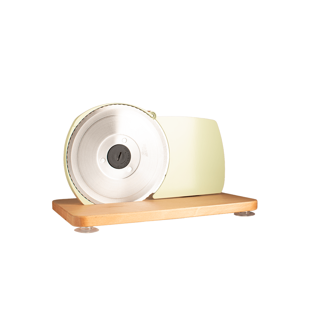 Jupiter Retro-Allesschneider in beige mit Vollholzplatte und sichtbarer Klinge