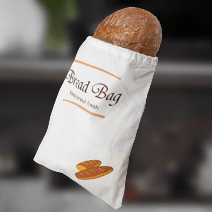 Brotbeutel aus Baumwolle, weiß mit braunem Oberteil und Aufdruck