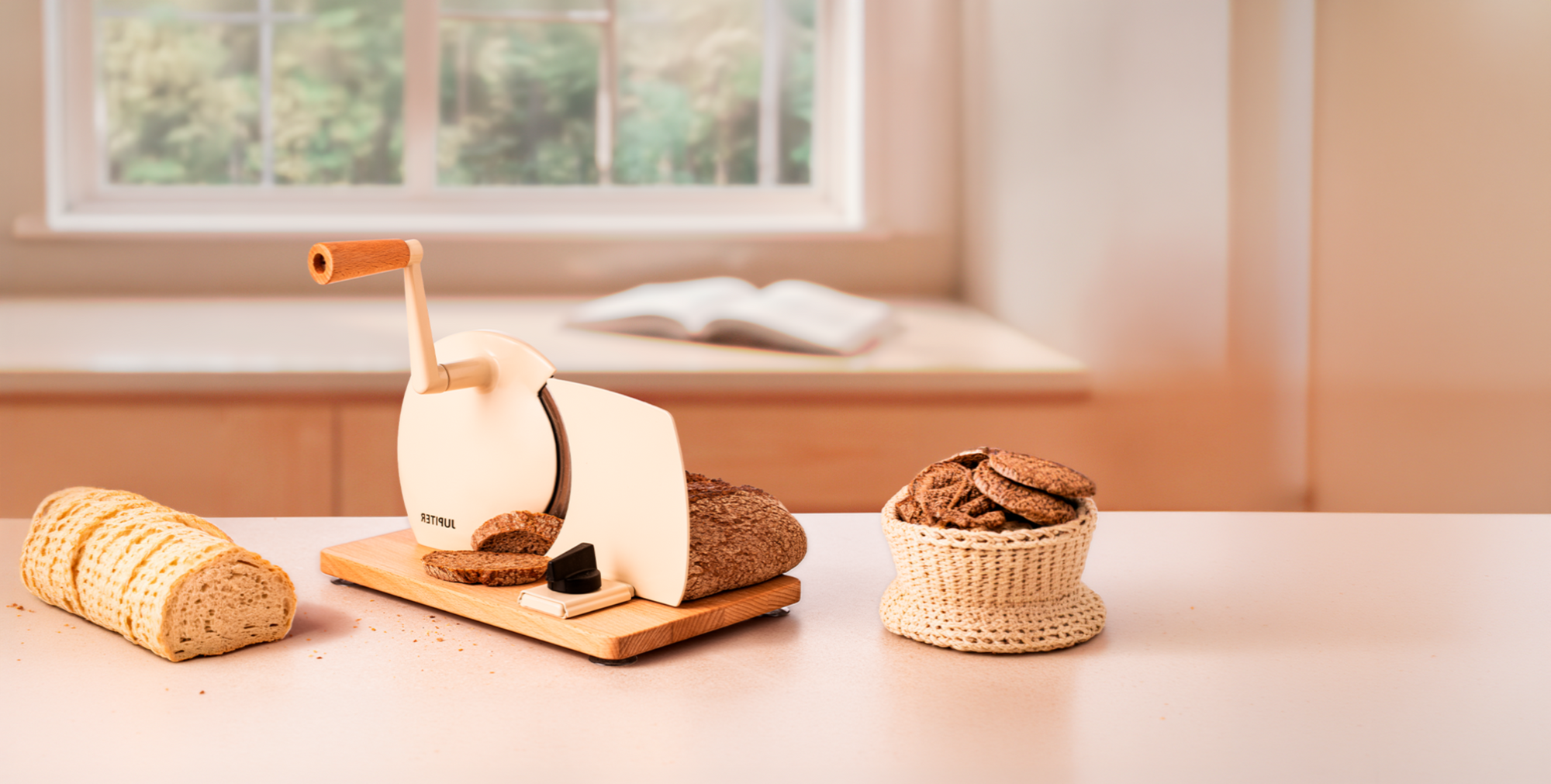 Hand-Allesschneider in beige mit Brot auf einer Arbeitsfläche