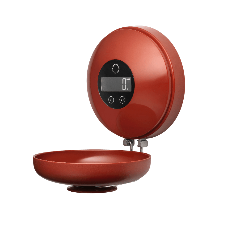 Wally Wand-Küchenwaage, rote Schale mit schwarzem Bedienfeld und digitalem Display