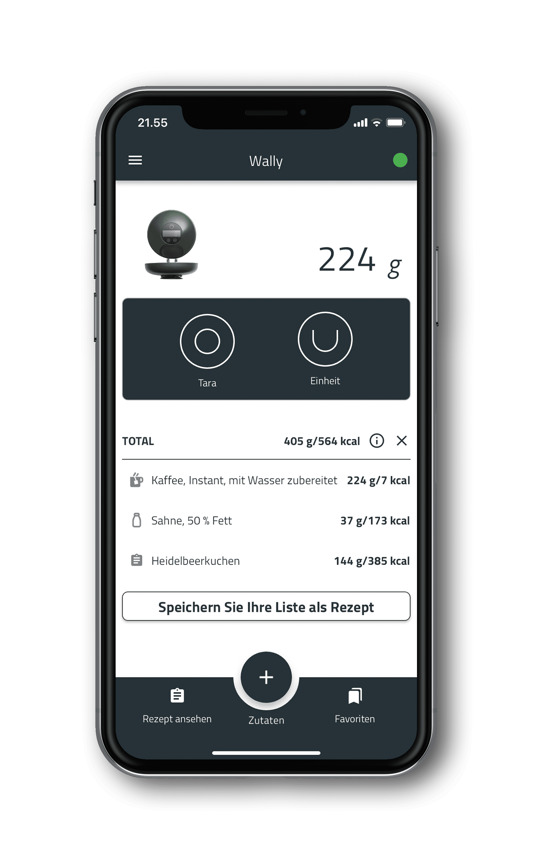 WallyScale App auf Smartphone: Tara- und Einheit-Funktionen
