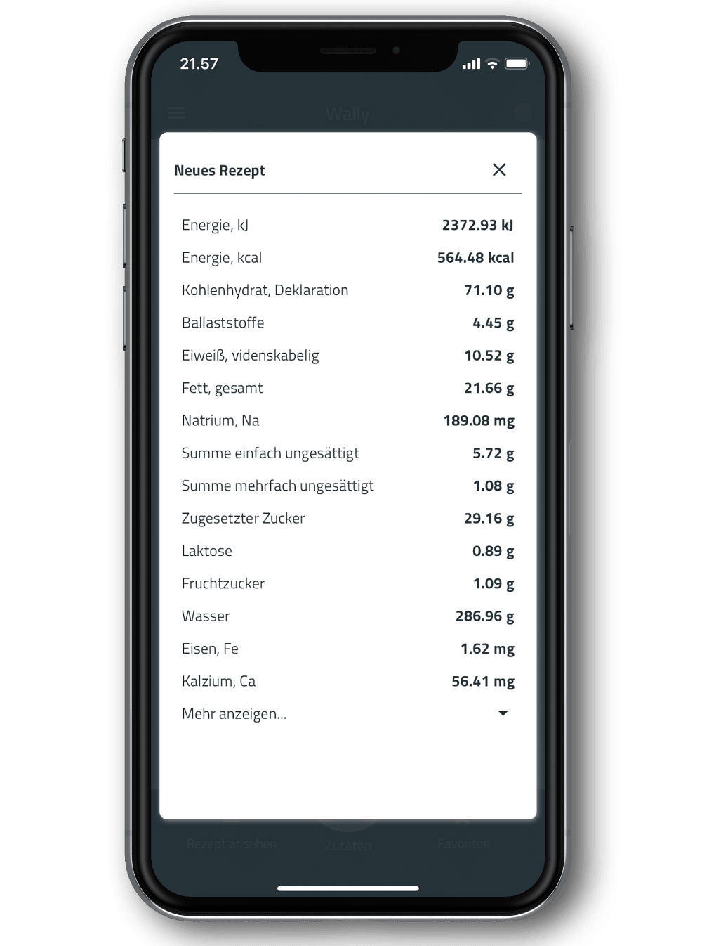 WallyScale App auf Smartphone: Nährwerttabelle mit Energie und Deklarationsangaben