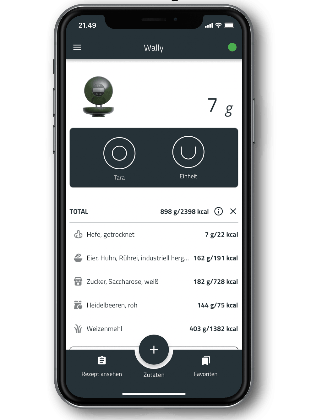 WallyScale App auf Smartphone: Zutatenliste mit Gewichten