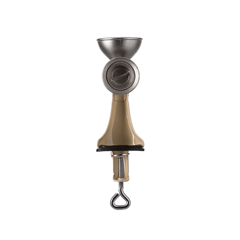 Retro-Mohnquetsche in beige mit rundem Mahlwerk und Metalltrichter